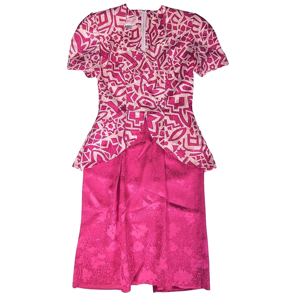 David Warren New York - Pink and White Silk Peplum Dress - Size 4